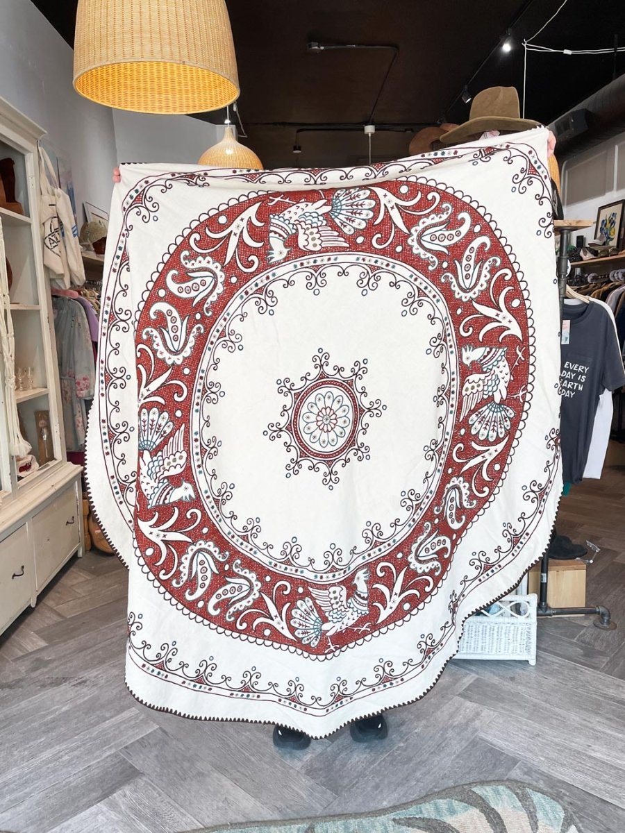 vintage boho embroidered round natural table cloth / park blanket - good market thrift store