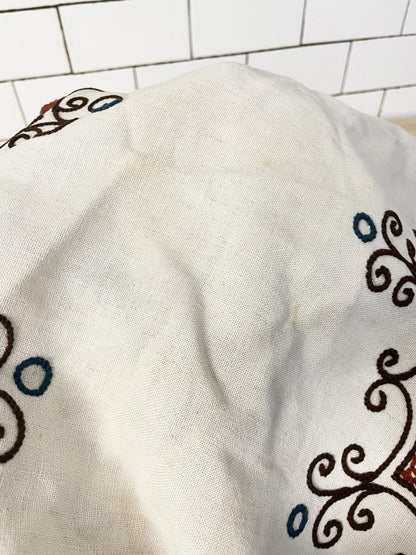 vintage boho embroidered round natural table cloth / park blanket - good market thrift store