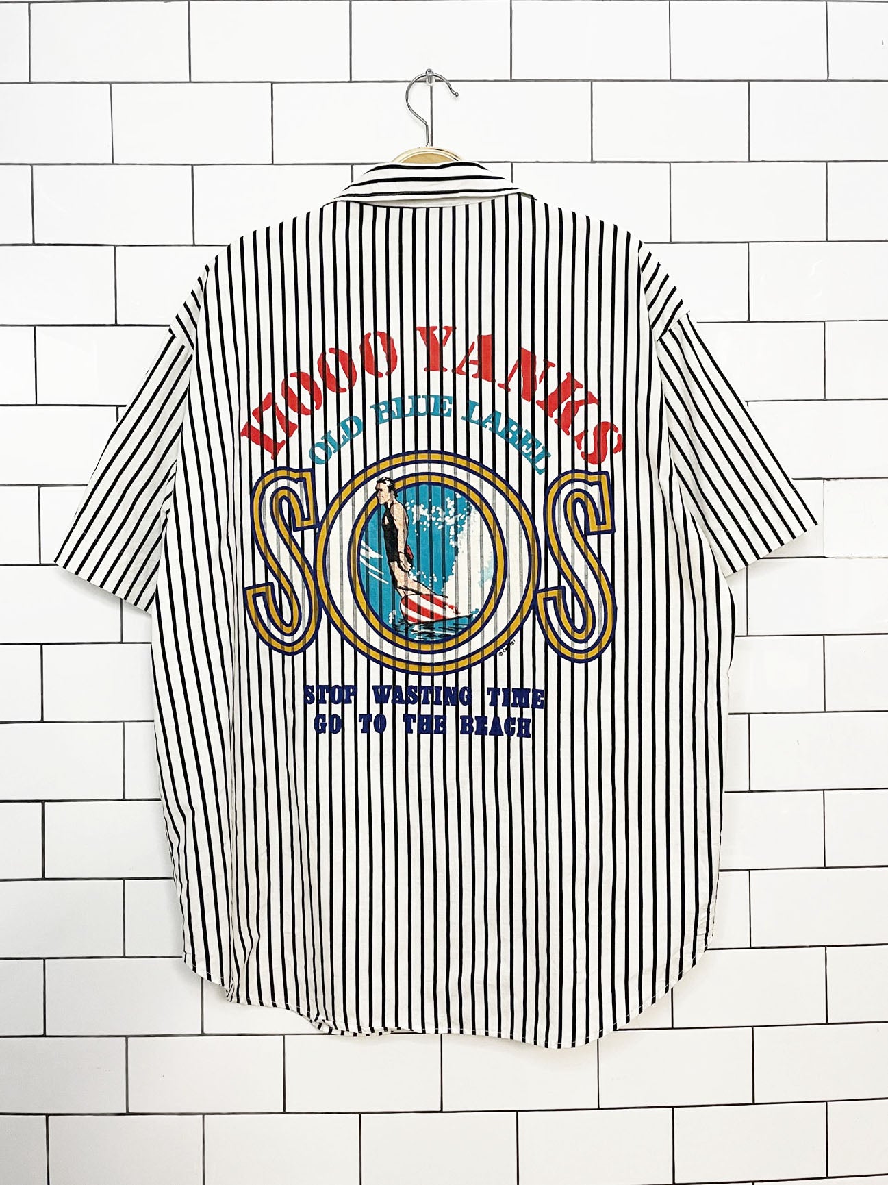 vintage 80s ocean pacific yanks old blue label SOS nautical stripe surf full button shirt
