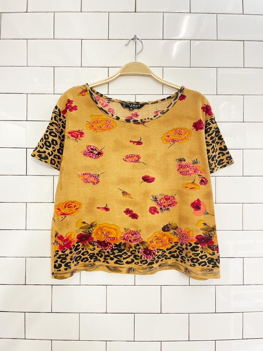 y2k nikky animal print beaded floral tee - good market thrift store