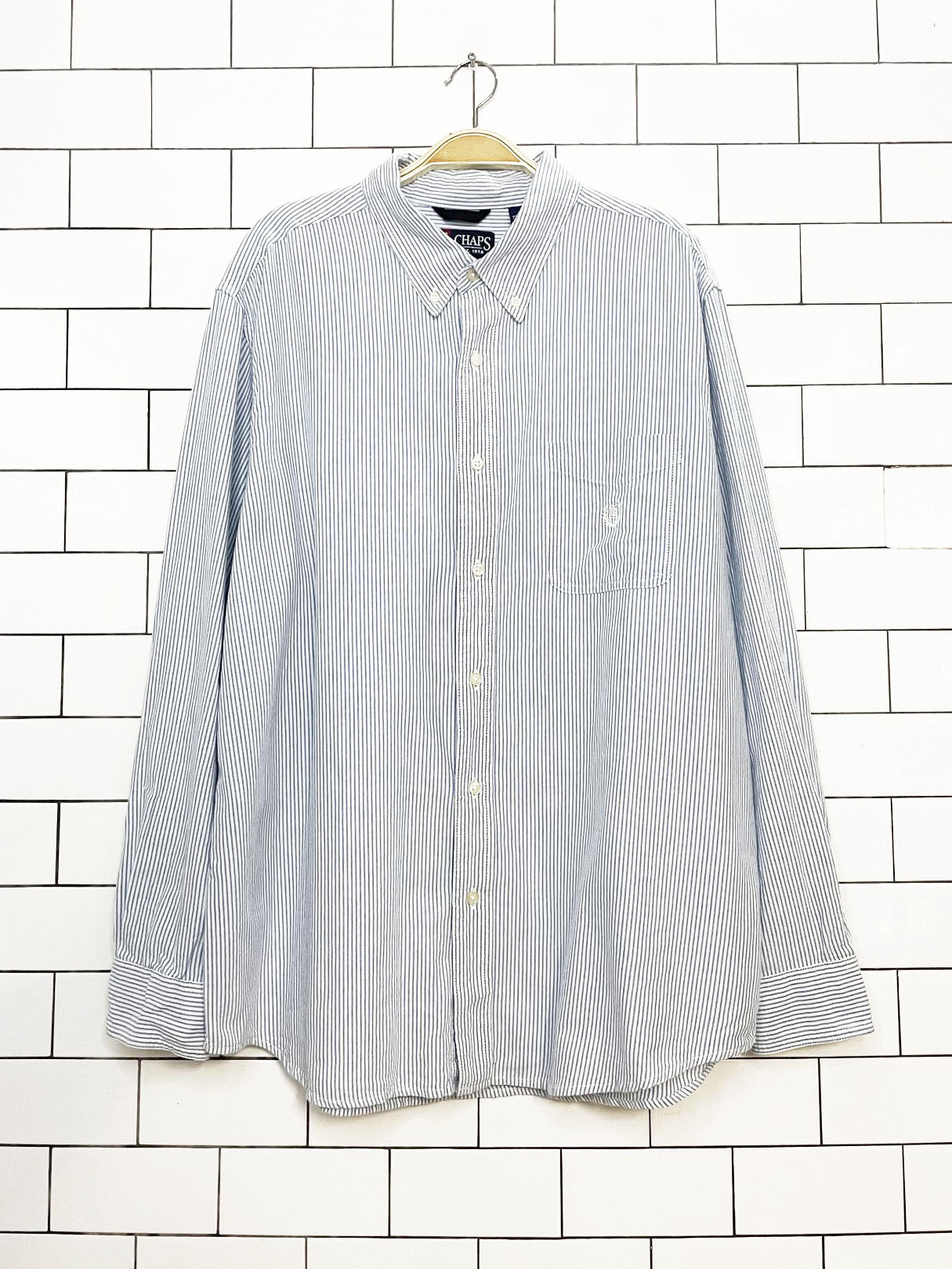 vintage 00s chaps blue stripe full button crest pocket shirt