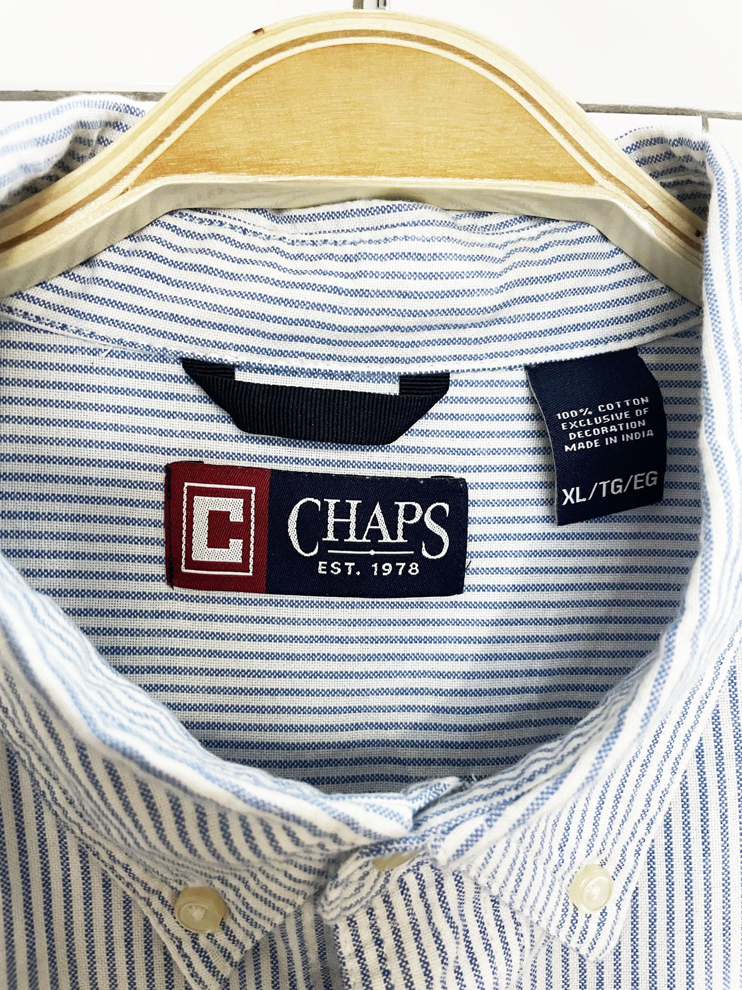 vintage 00s chaps blue stripe full button crest pocket shirt