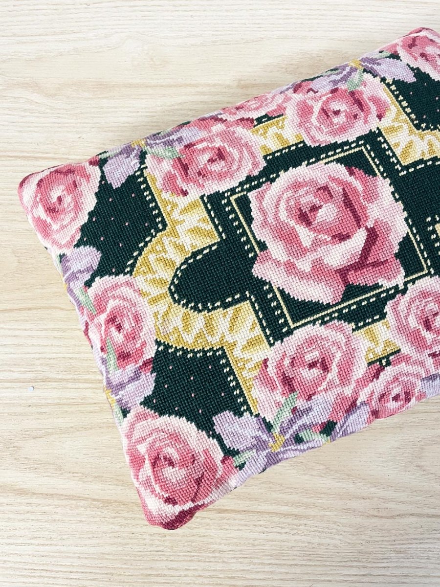 vintage handmade cross stitch rose throw pillow - good market thrift store
