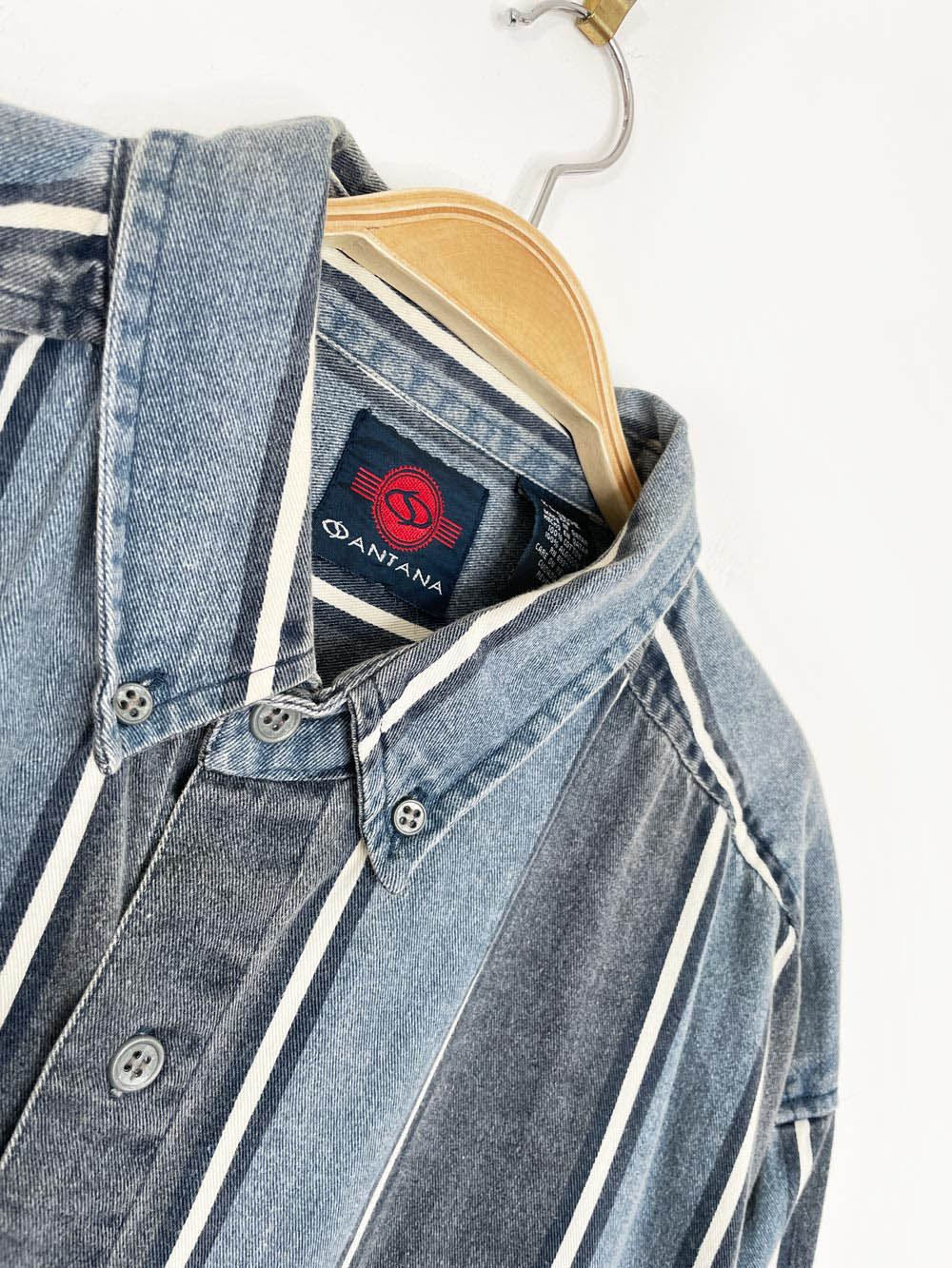 vintage 90s santana denim blue stripe full button shirt