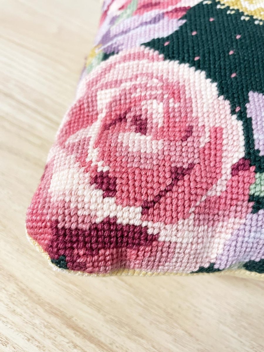 vintage handmade cross stitch rose throw pillow - good market thrift store