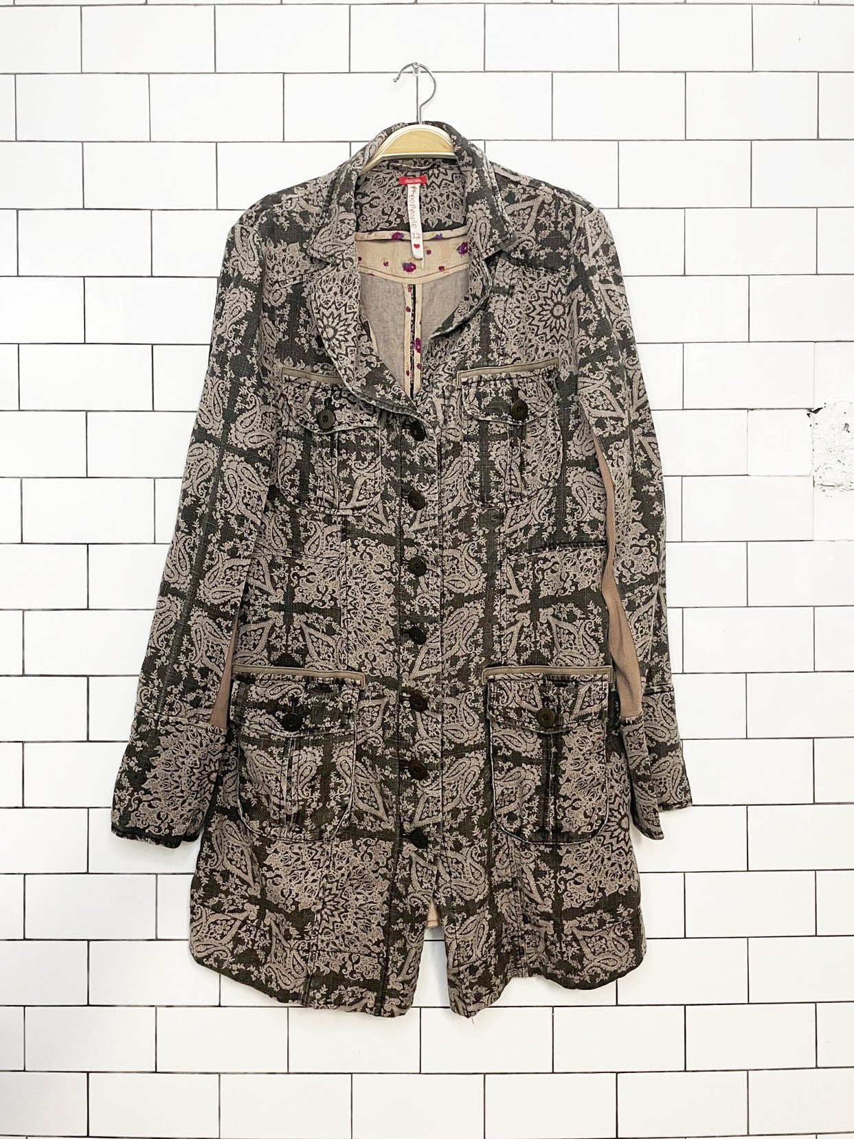 vintage 00s free people 100% ramie paisley slub full button light jacket | spanish tapestry