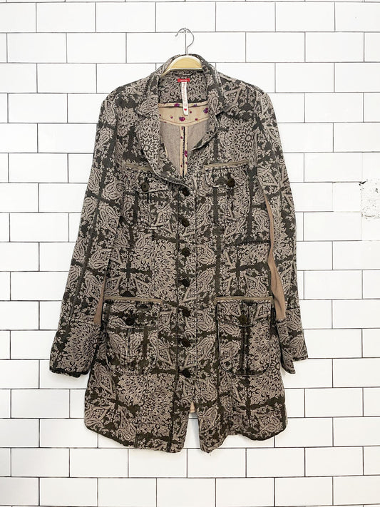 vintage 00s free people 100% ramie paisley slub full button light jacket | spanish tapestry