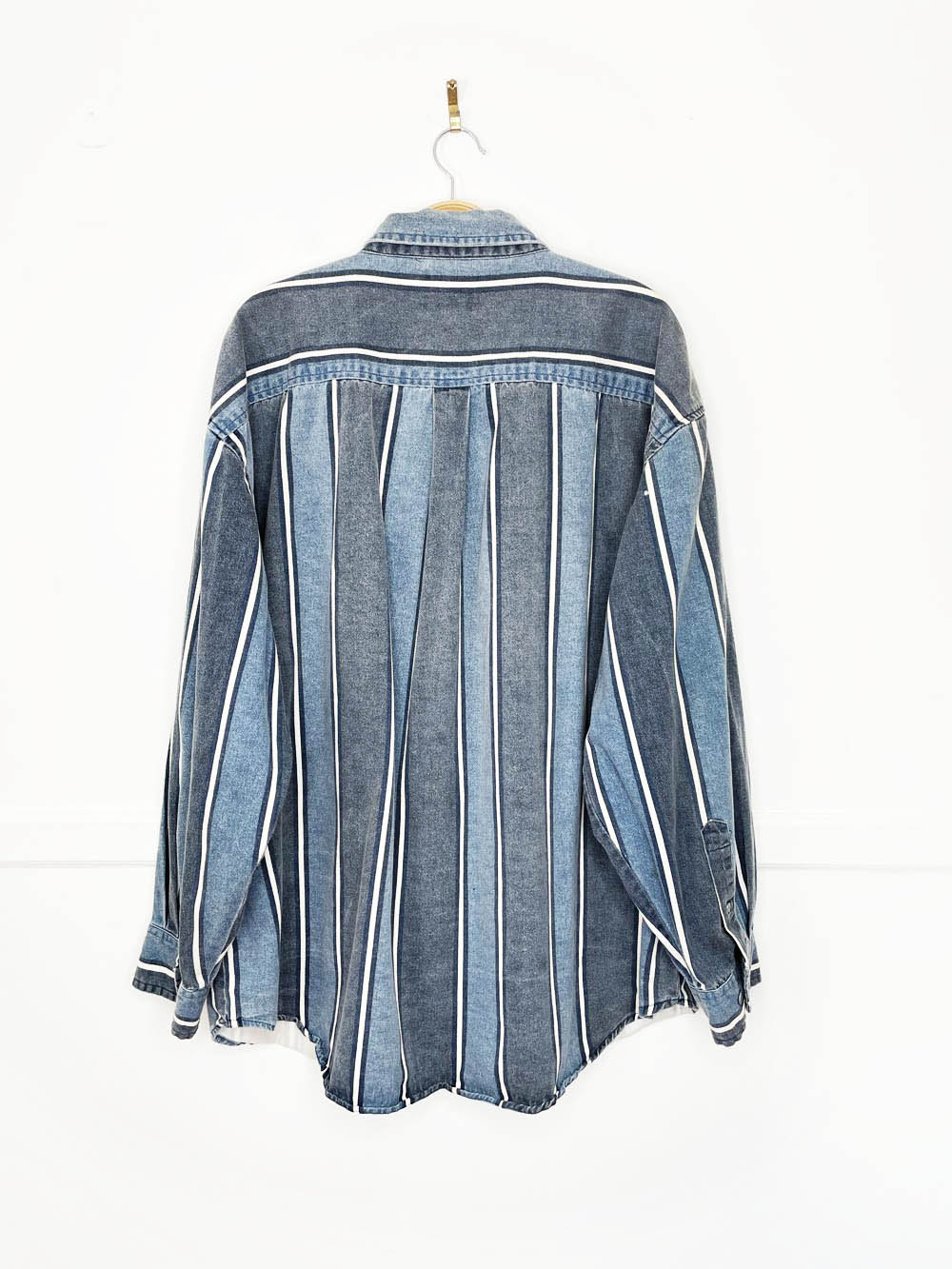 vintage 90s santana denim blue stripe full button shirt