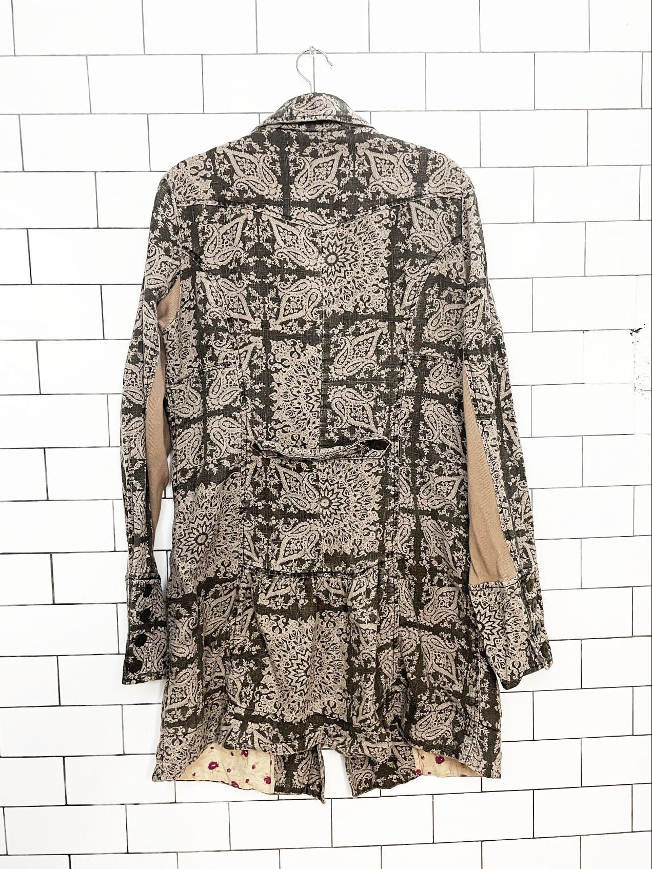 vintage 00s free people 100% ramie paisley slub full button light jacket | spanish tapestry