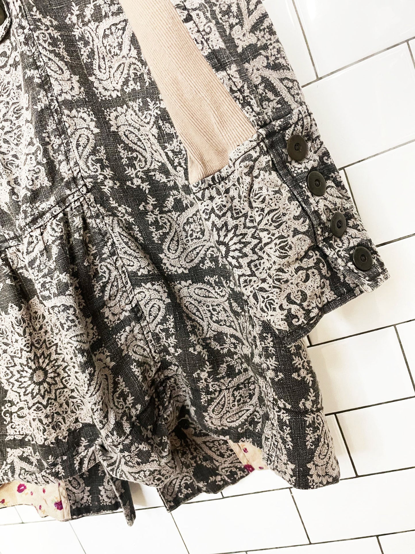 vintage 00s free people 100% ramie paisley slub full button light jacket | spanish tapestry