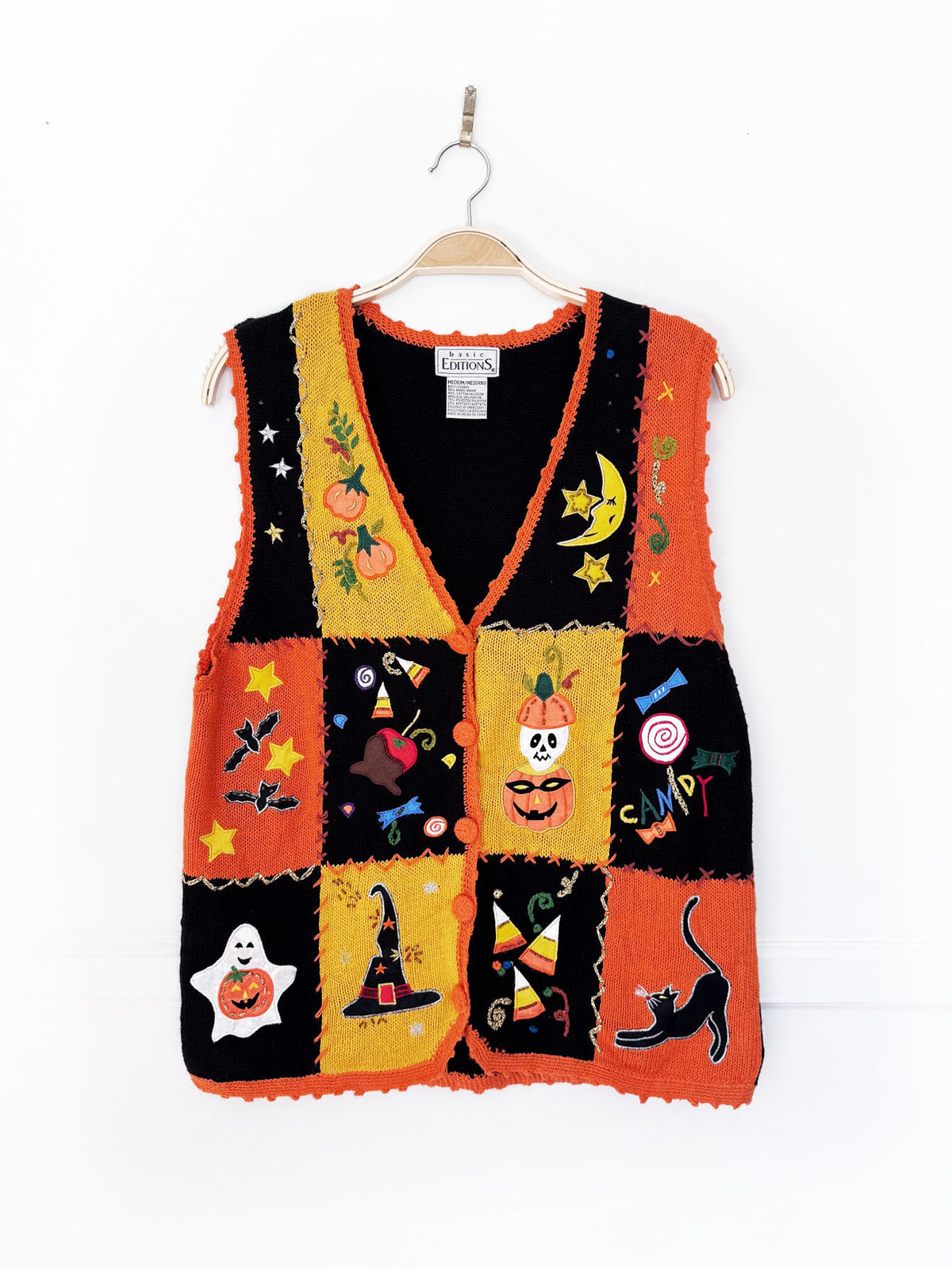 vintage 00s basic editions halloween patchwork knit vest