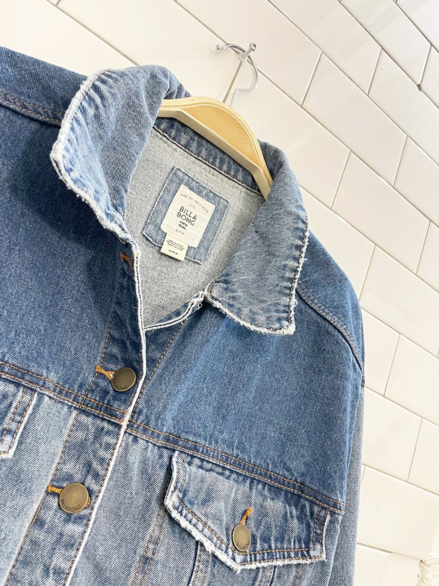 billabong love n peace two tone distressed denim jacket - good market thrift store