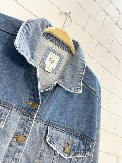 billabong love n peace two tone distressed denim jacket - good market thrift store