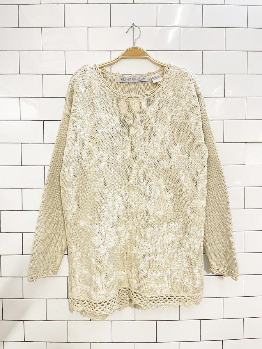 vintage 90s santa barbara ramie - cotton floral knit crochet trim sweater - good market thrift store