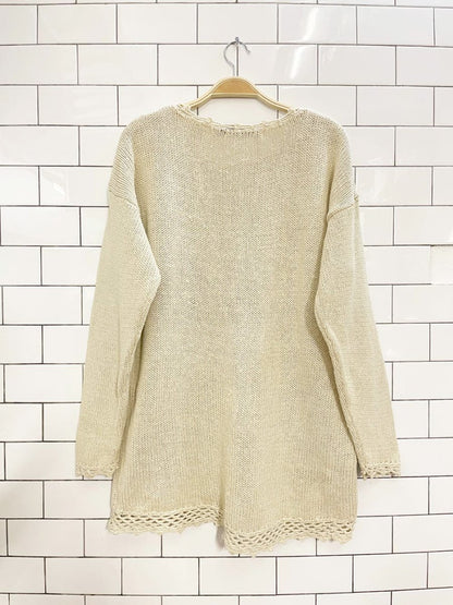 vintage 90s santa barbara ramie - cotton floral knit crochet trim sweater - good market thrift store