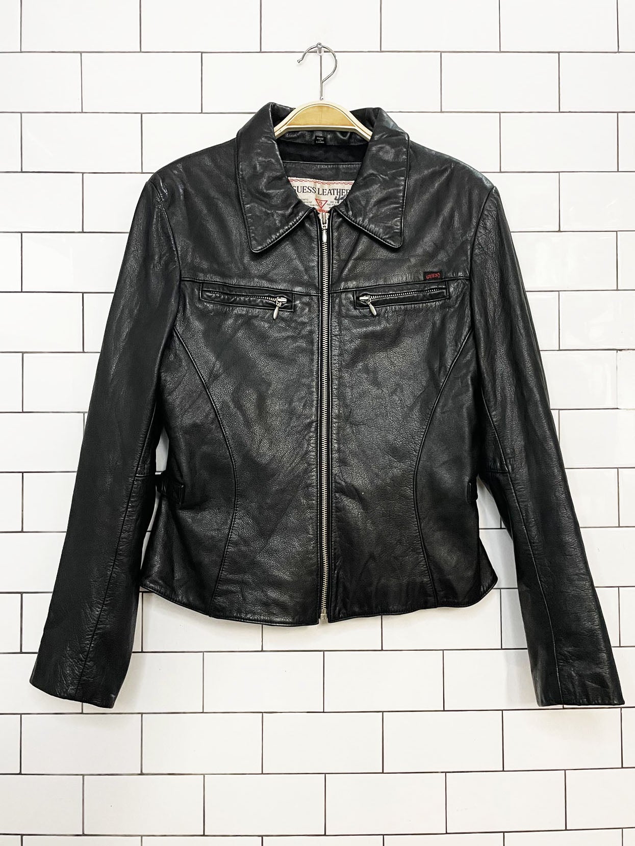 vintage 90s guess soft leather zip up fitted biker jacket