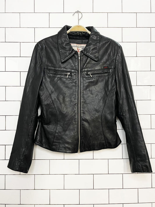 vintage 90s guess soft leather zip up fitted biker jacket