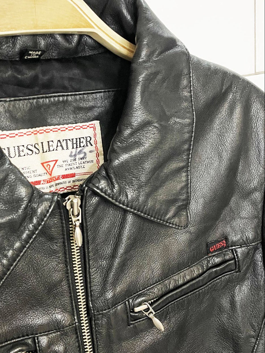 vintage 90s guess soft leather zip up fitted biker jacket