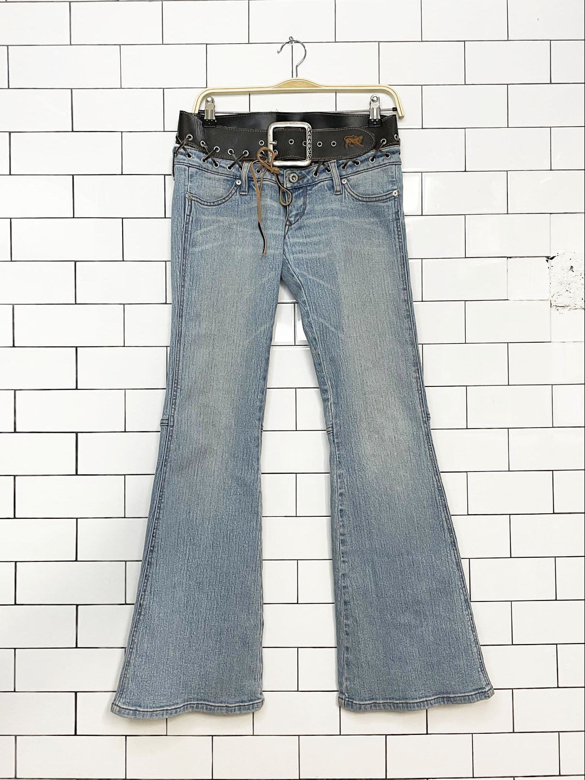 y2k parasuco low rise belted leather lace up flare leg jeans