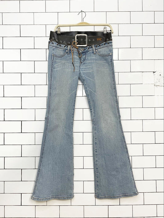 y2k parasuco low rise belted leather lace up flare leg jeans