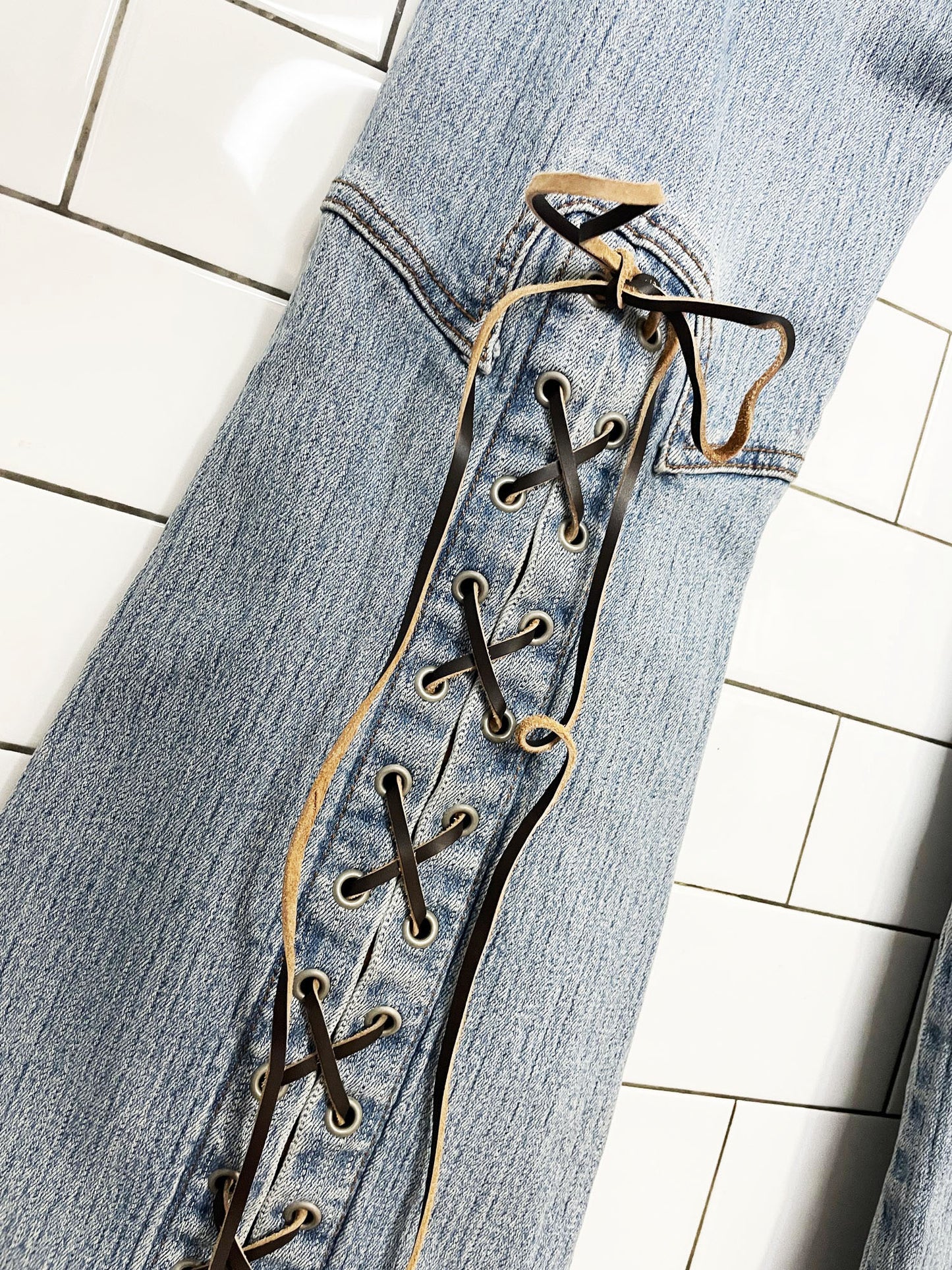 y2k parasuco low rise belted leather lace up flare leg jeans