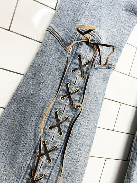 y2k parasuco low rise belted leather lace up flare leg jeans