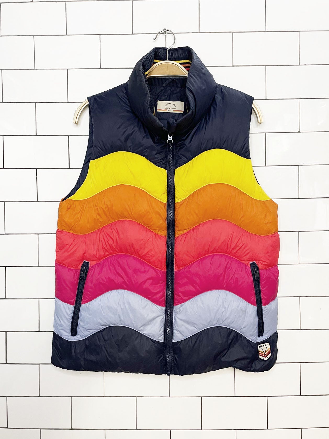 marine layer x lost & found aprés rainbow wave down feather puffer vest