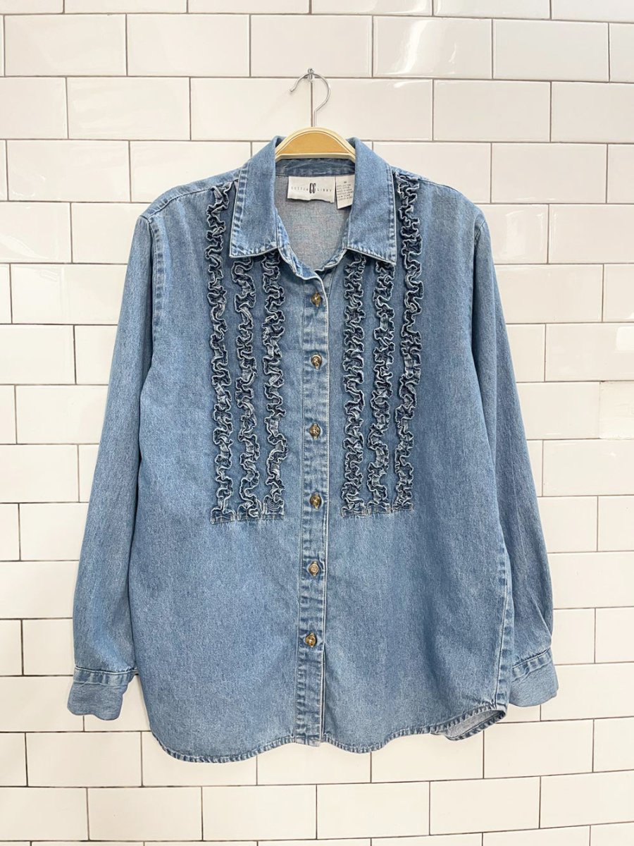 vintage 90s cotton ginny denim tuxedo ruffled shirt | made in India - good market thrift store