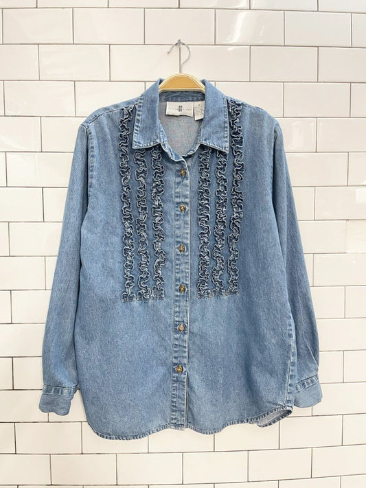 vintage 90s cotton ginny denim tuxedo ruffled shirt | made in India - good market thrift store