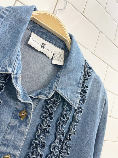 vintage 90s cotton ginny denim tuxedo ruffled shirt | made in India - good market thrift store