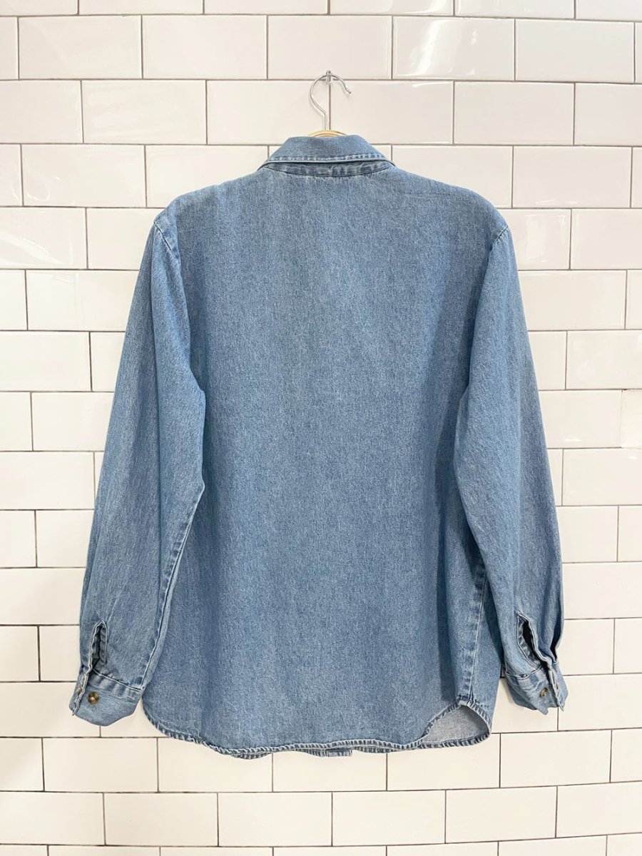vintage 90s cotton ginny denim tuxedo ruffled shirt | made in India - good market thrift store