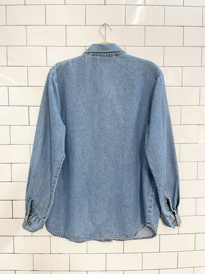 vintage 90s cotton ginny denim tuxedo ruffled shirt | made in India - good market thrift store