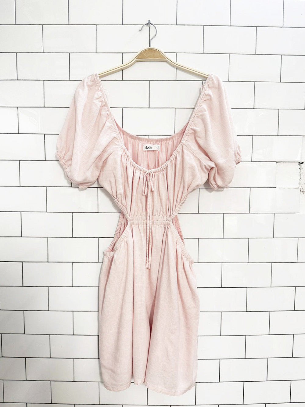 elodie linen-blend puff sleeve front tie open sides mini dress | revolve