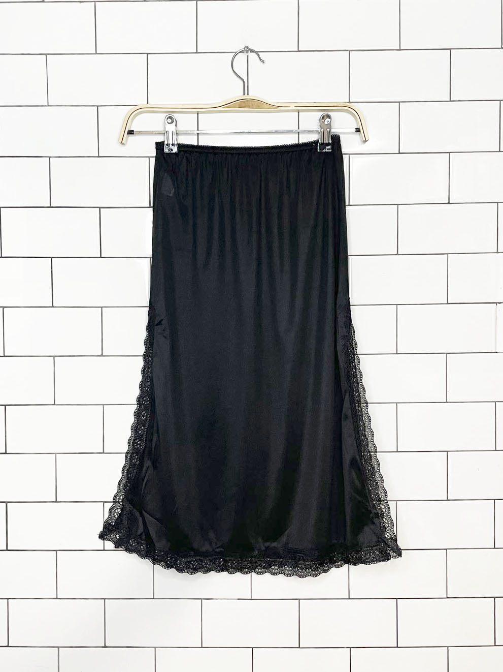 vintage mel-lin lace trim high slit sateen midi slip skirt