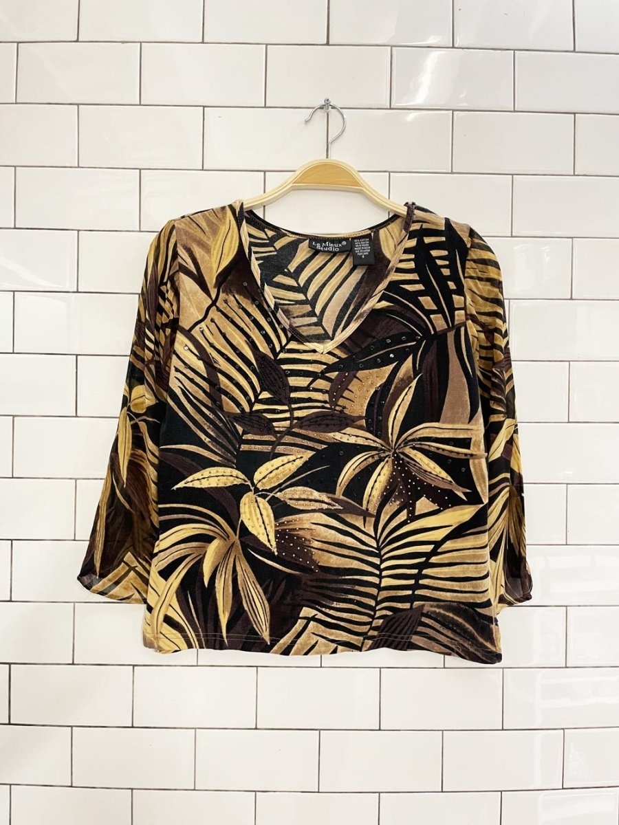 vintage 00s le mieux tropical leaf chiffon sleeve top - good market thrift store