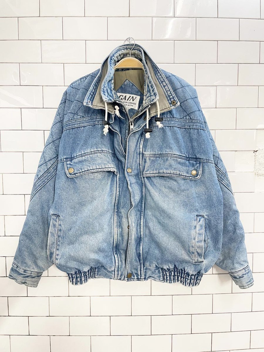 vintage 90s GAIN quilted puffer denim bomber jacket - good market thrift store