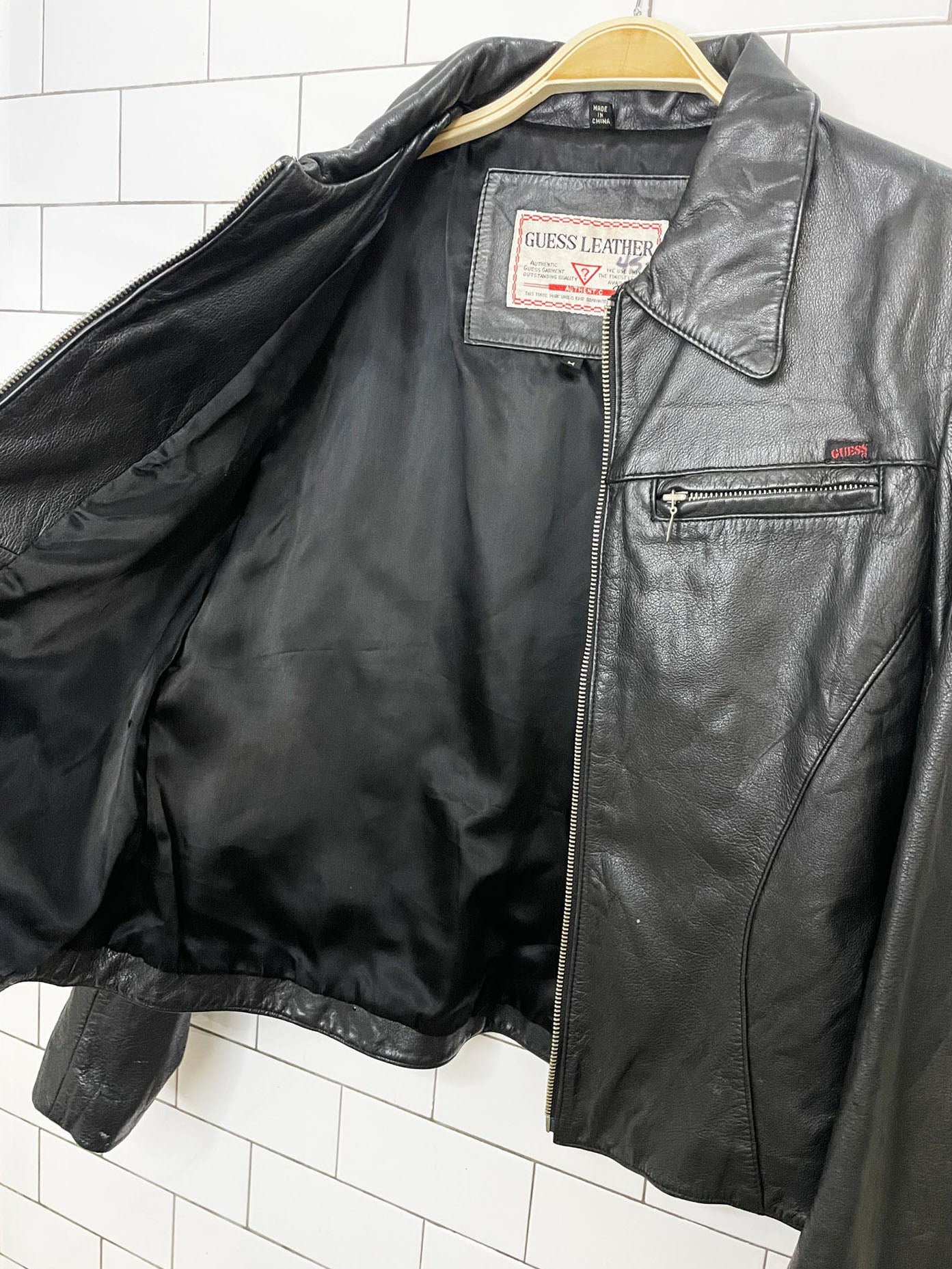 vintage 90s guess soft leather zip up fitted biker jacket