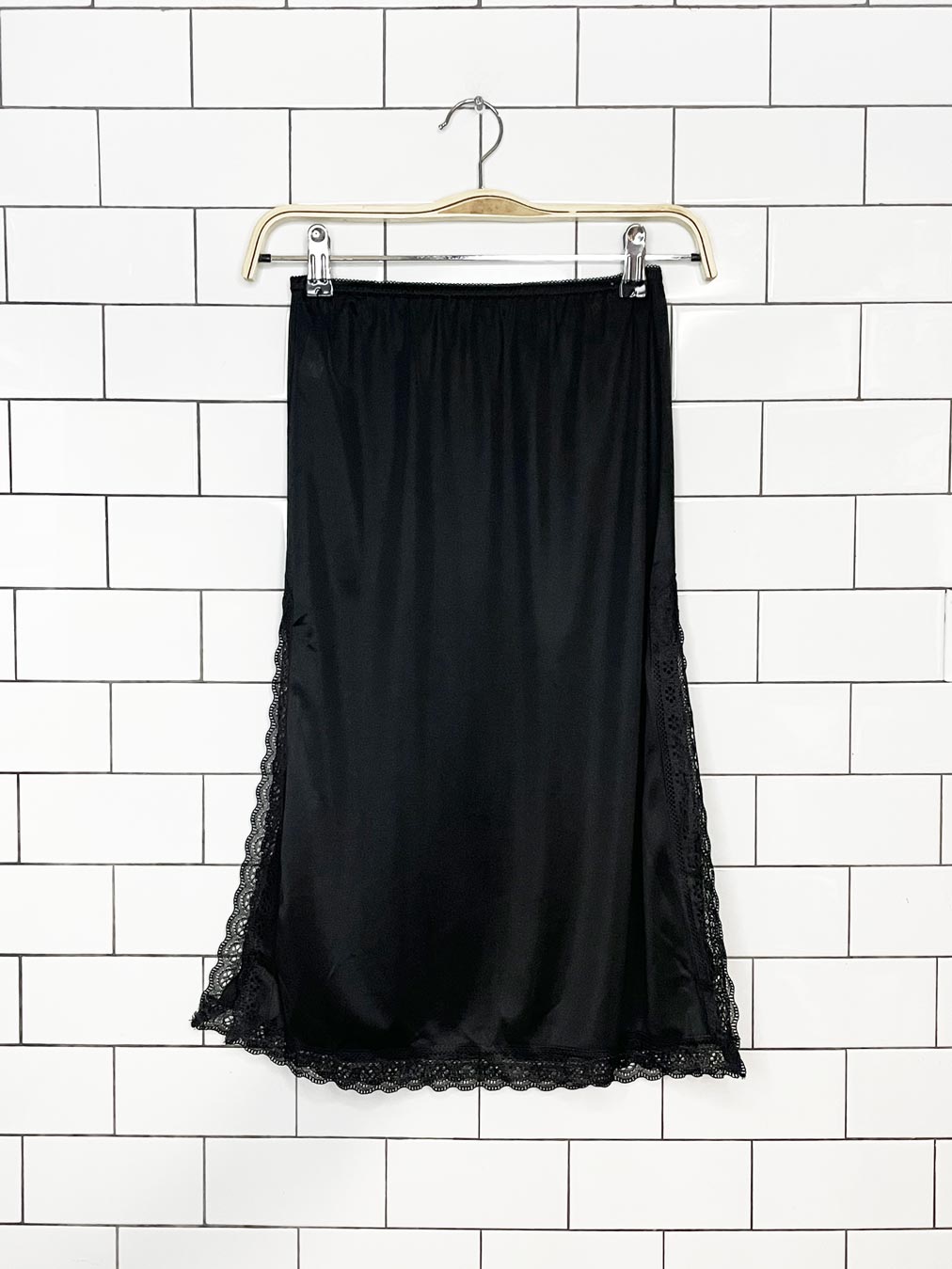 vintage mel-lin lace trim high slit sateen midi slip skirt