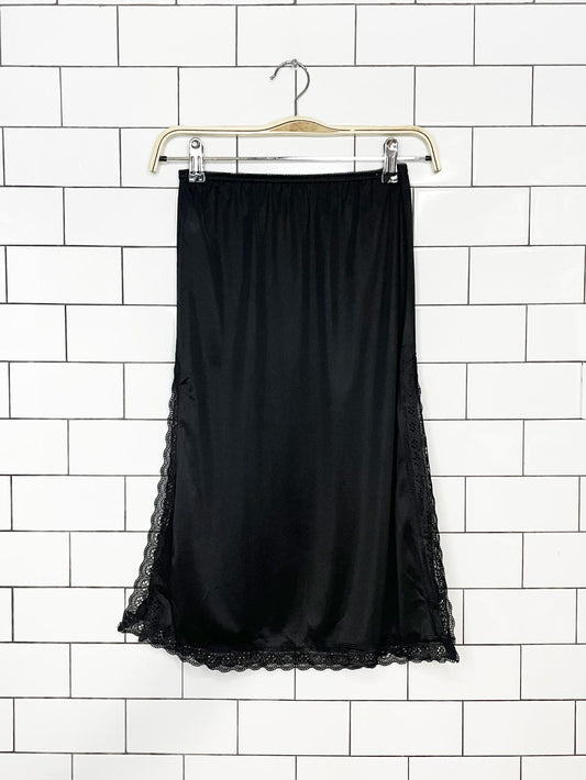 vintage mel-lin lace trim high slit sateen midi slip skirt