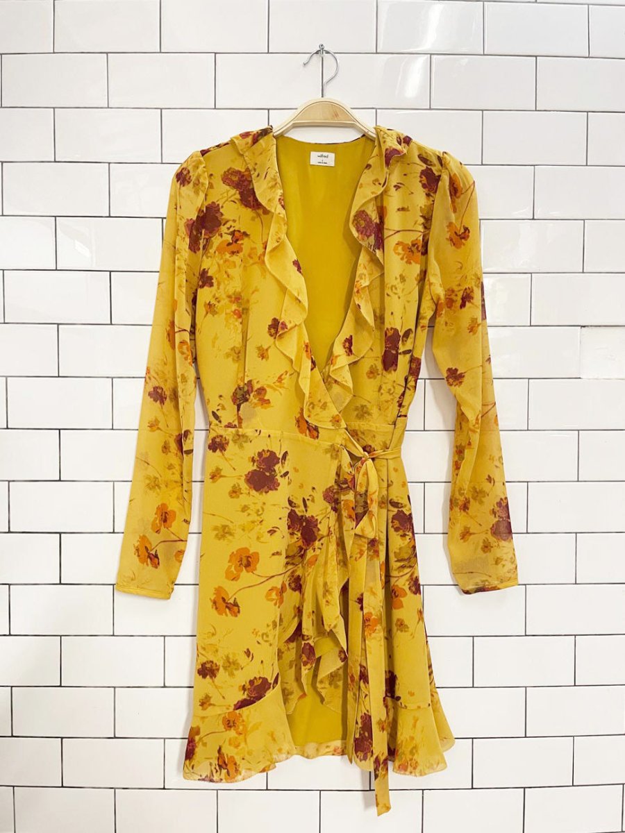 wilfred louise chiffon ruffle wrap fall florals mini dress | aritzia - good market thrift store