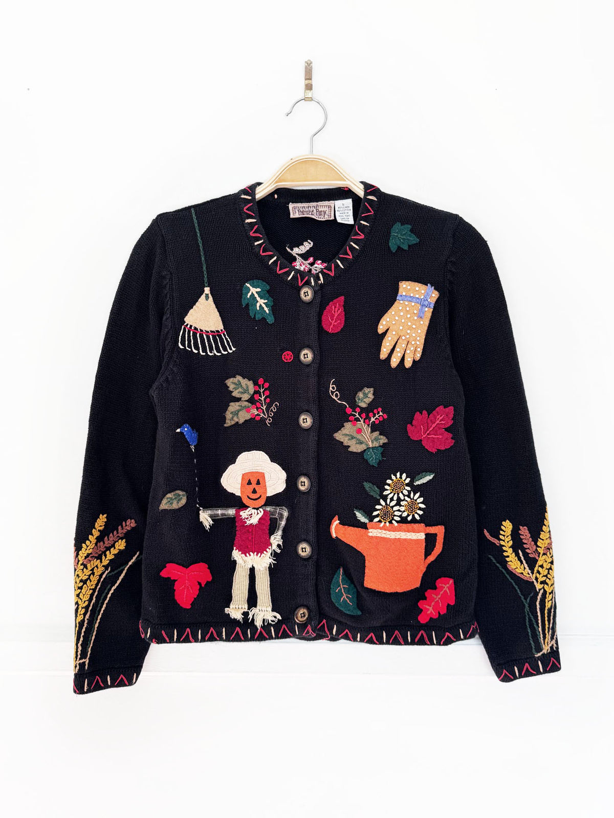 vintage the painted pony linen-blend fall scarecrow knit cardigan | halloween