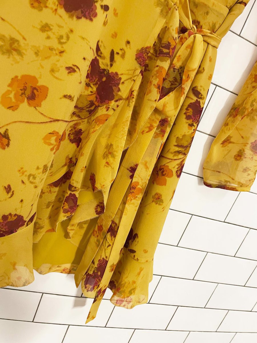 wilfred louise chiffon ruffle wrap fall florals mini dress | aritzia - good market thrift store