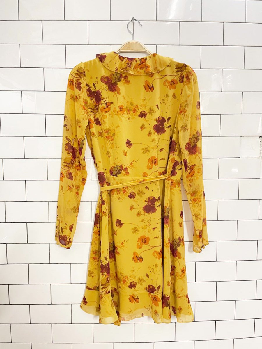 wilfred louise chiffon ruffle wrap fall florals mini dress | aritzia - good market thrift store