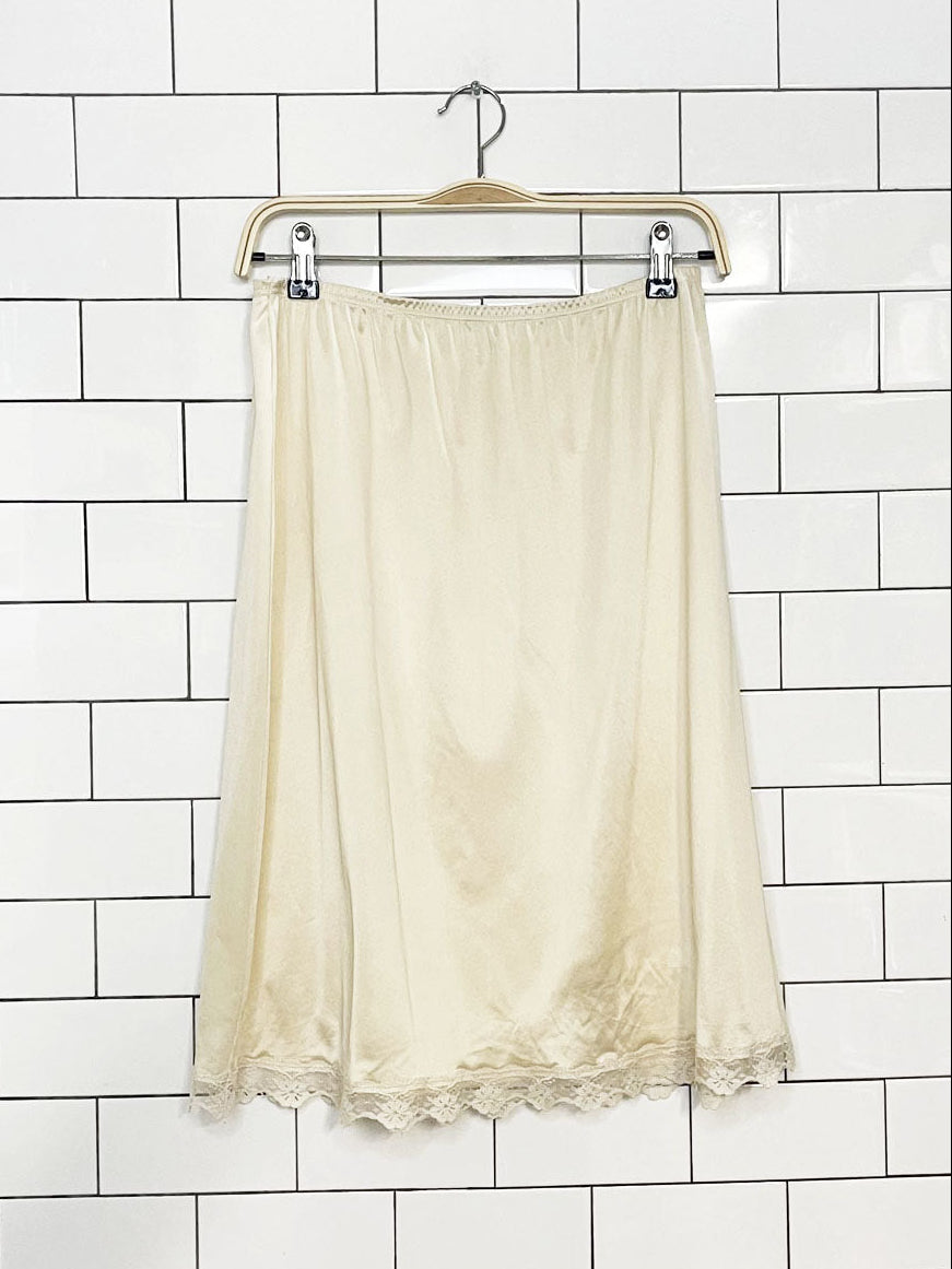 vintage 90s lorraine lace trim sateen midi slip skirt | made in usa