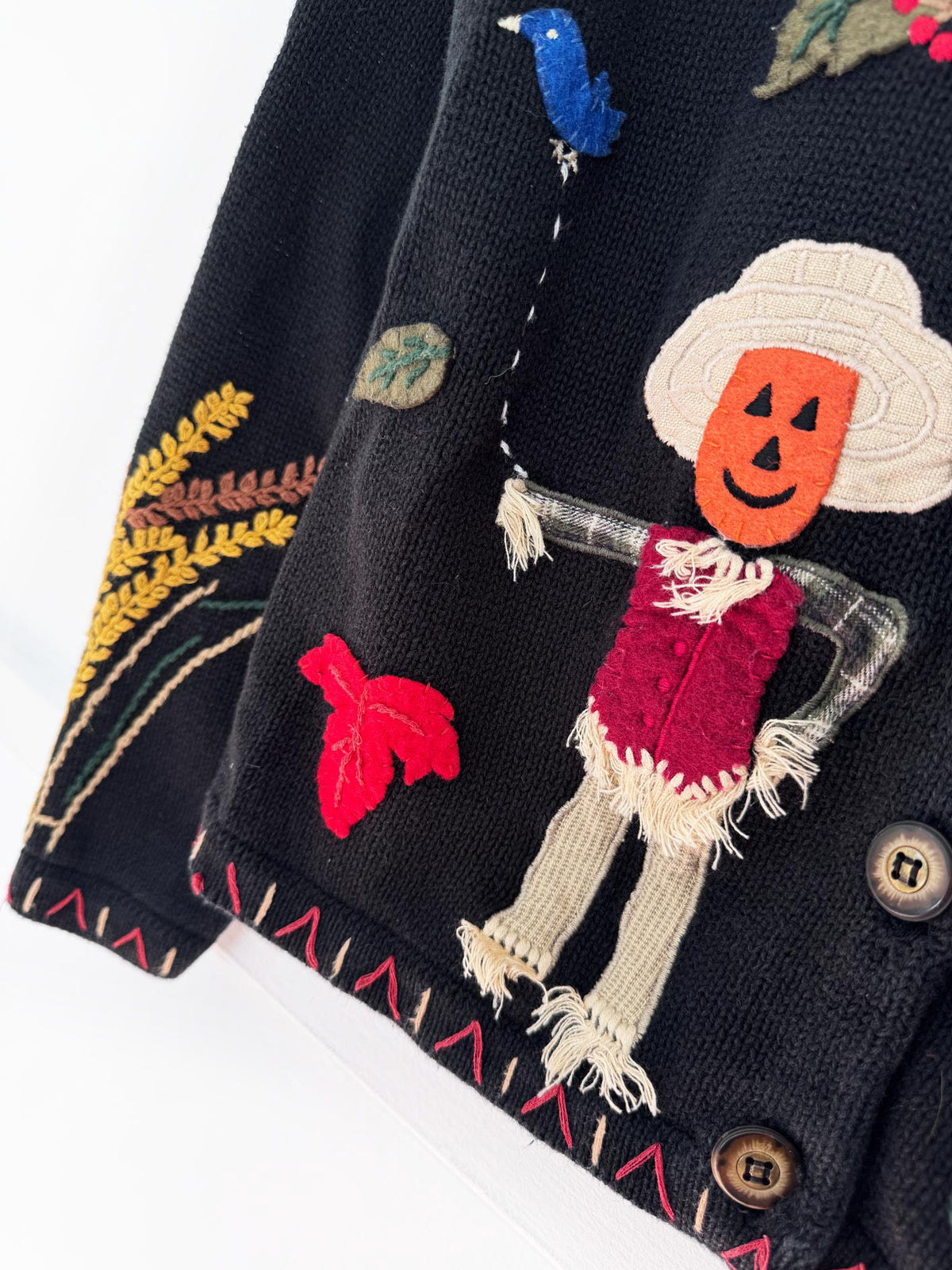 vintage the painted pony linen-blend fall scarecrow knit cardigan | halloween