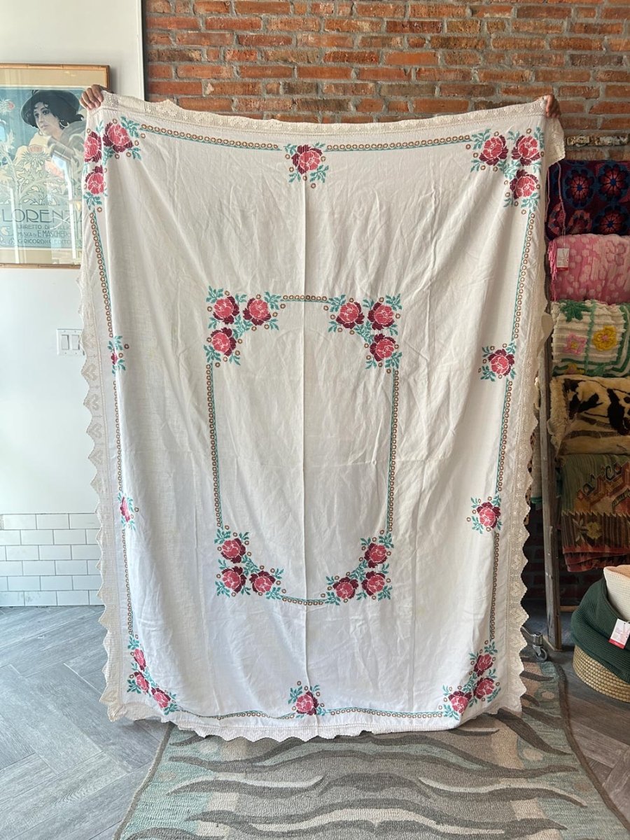 vintage linen floral embroidered crochet trim tablecloth - good market thrift store