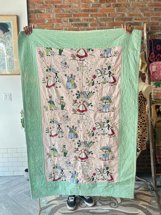 vintage handmade alice in wonderland quilted blanket - good market thrift store