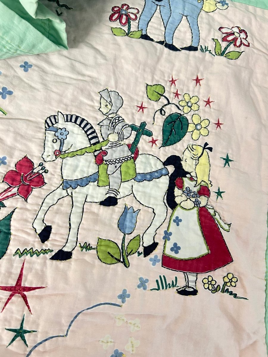 vintage handmade alice in wonderland quilted blanket - good market thrift store