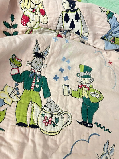 vintage handmade alice in wonderland quilted blanket - good market thrift store