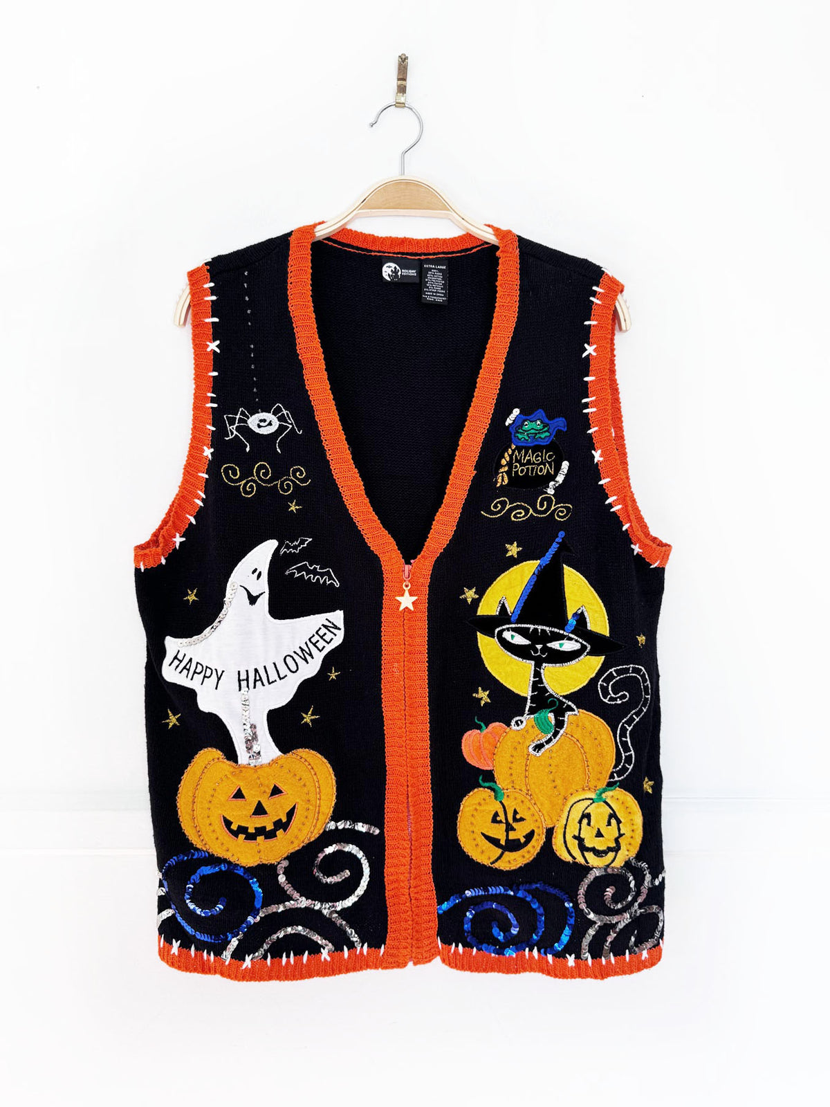 vintage 00s holiday editions halloween full zip knit vest | ramie-blend